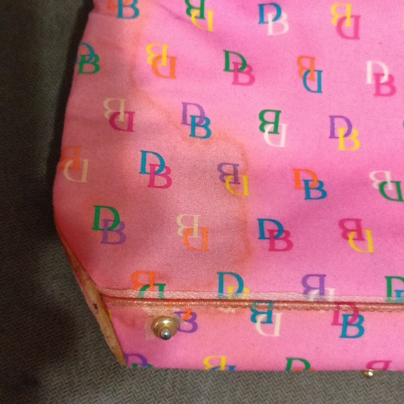 Dooney and Bourke pink multi color DB all over with tan leather handles - Picture 16 of 17